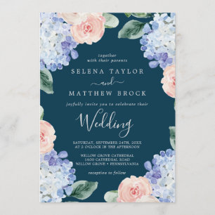 Elegant Blue Hydrangea   Navy Wedding Invitation