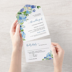Elegant Blue Hydrangea Pastel Floral Wedding All In One Invitation