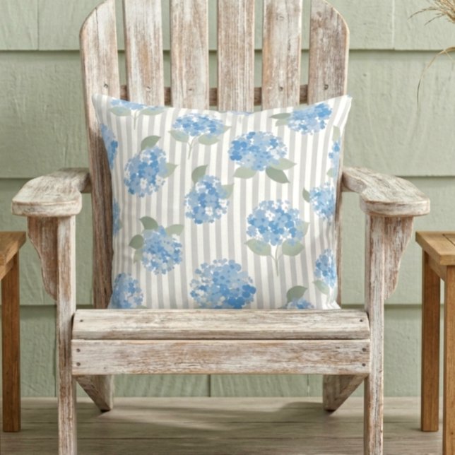 Elegant Blue Hydrangea Pattern Gray Stripe  Cushion (Creator Uploaded)
