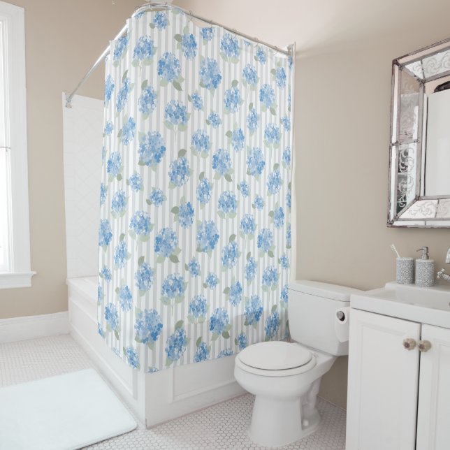 Elegant Blue Hydrangea Pattern Gray Stripe  Shower Curtain (In Situ)