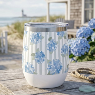 Elegant Blue Hydrangea Pattern Grey Stripe 