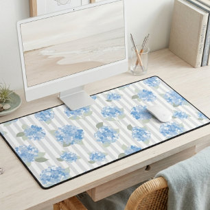 Elegant Blue Hydrangea Pattern Grey Stripe Desk Mat