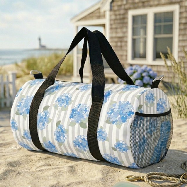 Elegant Blue Hydrangea Pattern Grey Stripe  Duffle Bag (Creator Uploaded)