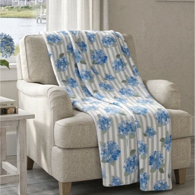 Elegant Blue Hydrangea Pattern Grey Stripe  Fleece Blanket (Creator Uploaded)