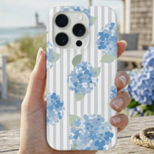 Elegant Blue Hydrangea Pattern Grey Stripe  iPhone 15 Pro Case