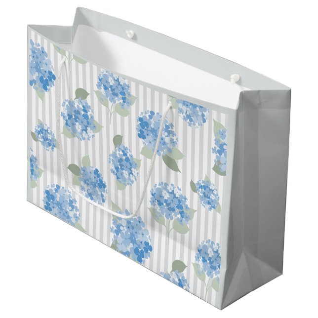 Elegant Blue Hydrangea Pattern Grey Stripe  Large Gift Bag (Front Angled)