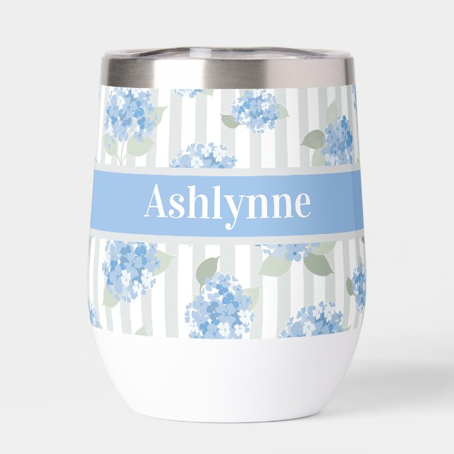 Elegant Blue Hydrangea Pattern Grey Stripe Name  (Back)