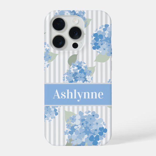 Elegant Blue Hydrangea Pattern Grey Stripe Name iPhone Case (Back)