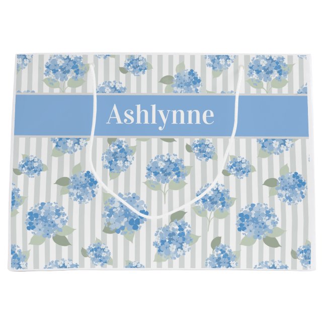 Elegant Blue Hydrangea Pattern Grey Stripe Name Large Gift Bag (Front)