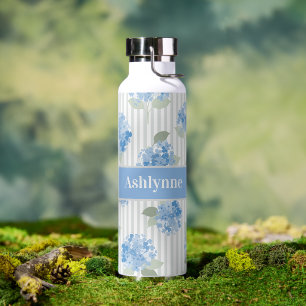 Elegant Blue Hydrangea Pattern Grey Stripe Name Water Bottle