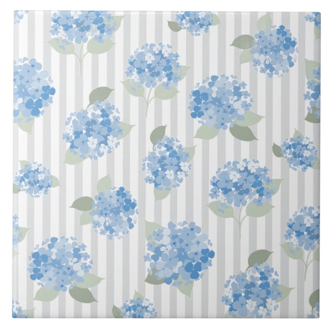 Elegant Blue Hydrangea Pattern Grey Stripe  Tile (Front)