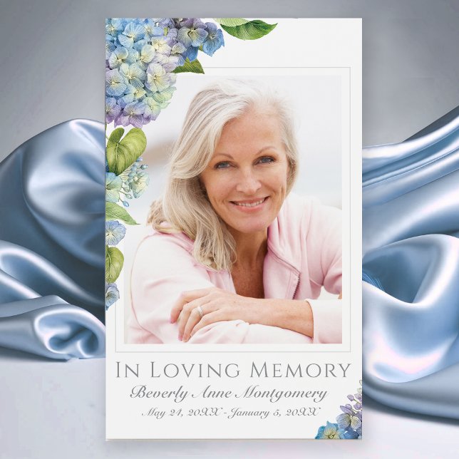 Elegant Blue Hydrangea Photo Memorial Funeral Card (Elegant In Loving Memory Blue Hydrangea floral Photo Funeral Card with Poem)