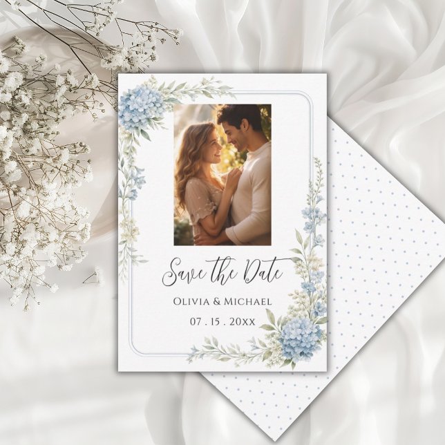 Elegant Blue Hydrangea Photo Save the Date (Creator Uploaded)