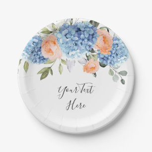 Elegant Blue Hydrangea Pink Blush Roses Party Paper Plate