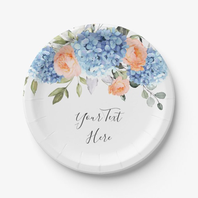 Elegant Blue Hydrangea Pink Blush Roses  Party Paper Plate (Front)