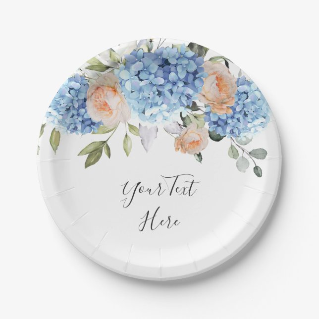 Elegant Blue Hydrangea Pink Blush Roses  Party Paper Plate (Front)