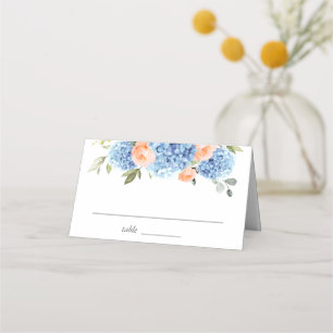 Elegant Blue Hydrangea Pink Blush Roses Place Card