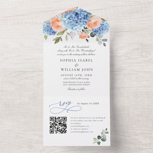 Elegant Blue Hydrangea Pink Blush Roses Wedding All In One Invitation (Inside)