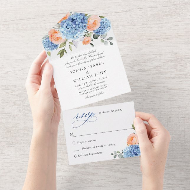 Elegant Blue Hydrangea Pink Blush Roses Wedding All In One Invitation (Tearaway)