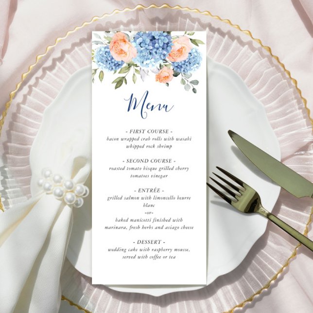 Elegant Blue Hydrangea Pink Blush Roses Wedding Menu (Creator Uploaded)