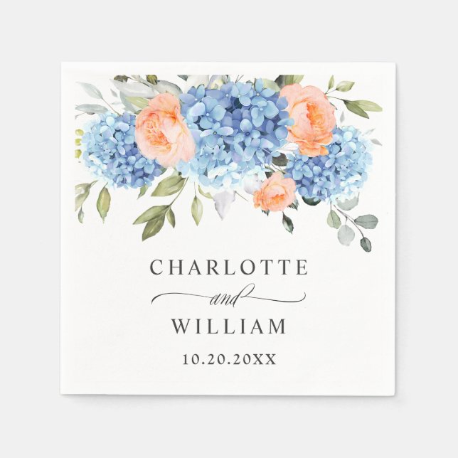 Elegant Blue Hydrangea Pink Blush Roses Wedding Napkin (Front)