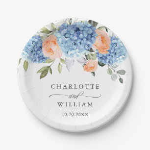 Elegant Blue Hydrangea Pink Blush Roses Wedding Paper Plate