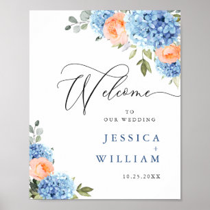 Elegant Blue Hydrangea Pink Blush Roses Wedding Poster