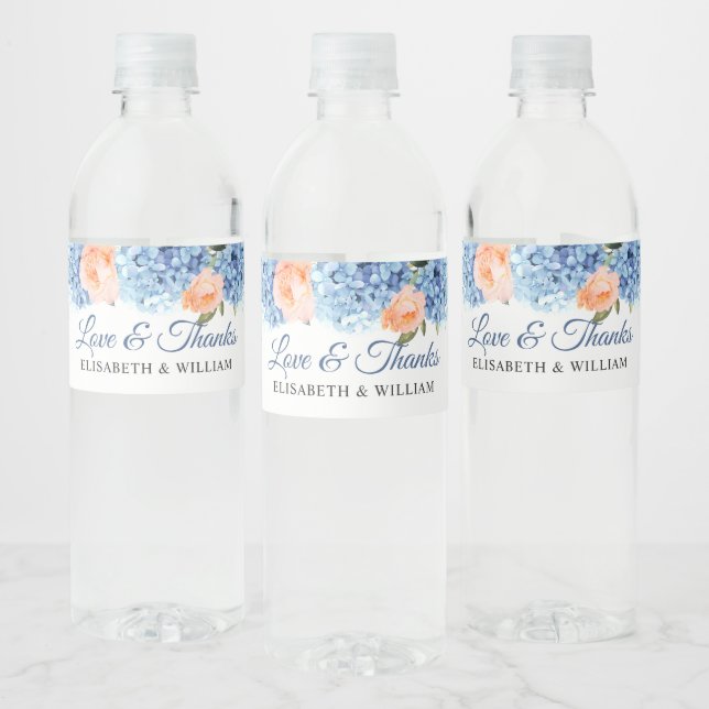 Elegant Blue Hydrangea Pink Blush Roses Wedding Water Bottle Label (Bottles)