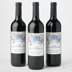 Elegant Blue Hydrangea Pink Blush Roses Wedding Wine Label