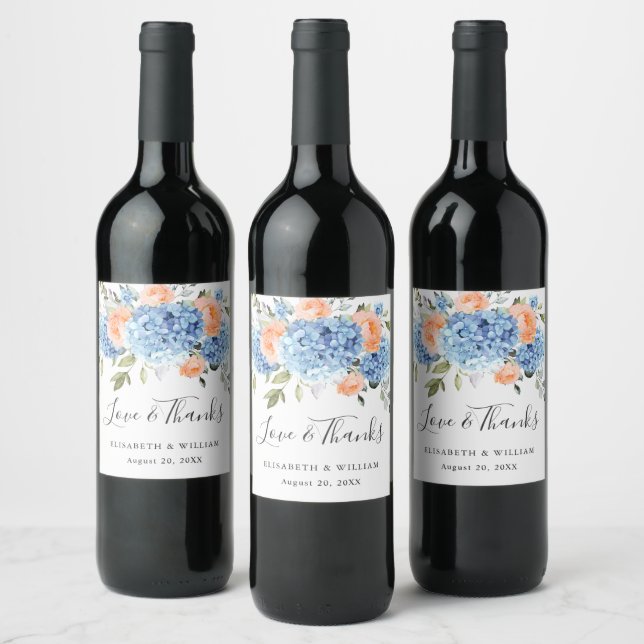 Elegant Blue Hydrangea Pink Blush Roses Wedding Wine Label (Bottles)