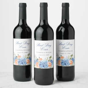Elegant Blue Hydrangea Pink Blush Roses Wedding Wine Label