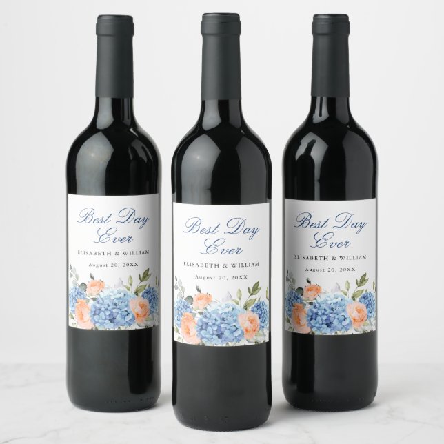 Elegant Blue Hydrangea Pink Blush Roses Wedding Wine Label (Bottles)