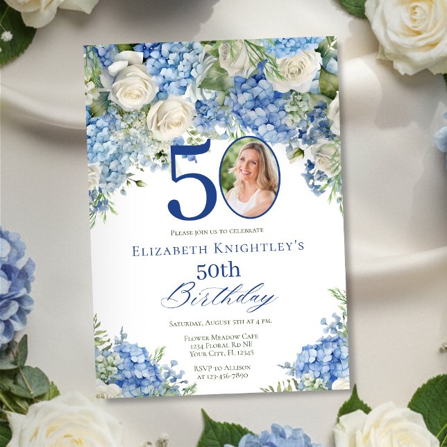 Elegant Blue Hydrangea Roses Photo Birthday Party Invitation (Creator Uploaded)