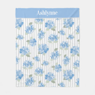 Elegant Blue Hydrangea Sage Green Gray Stripe Name Fleece Blanket