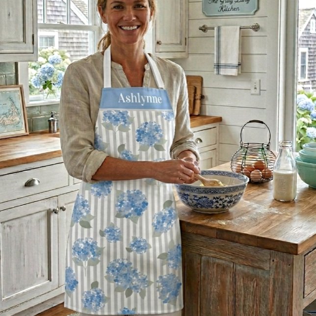 Elegant Blue Hydrangea Sage Green Grey Stripe Name Apron (Creator Uploaded)