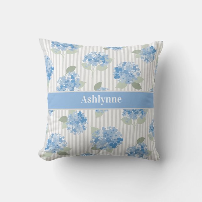 Elegant Blue Hydrangea Sage Green Grey Stripe Name Cushion (Front)
