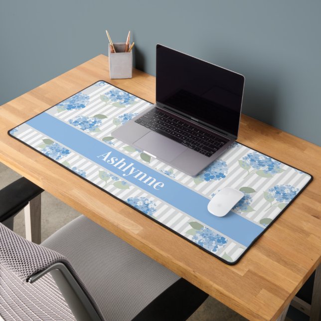 Elegant Blue Hydrangea Sage Green Grey Stripe Name Desk Mat (Office 2)