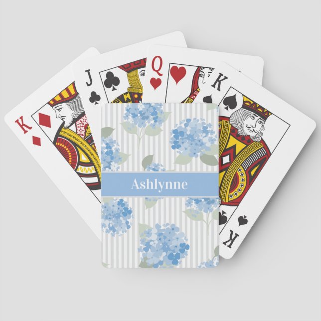Elegant Blue Hydrangea Sage Green Grey Stripe Name Playing Cards (Back)