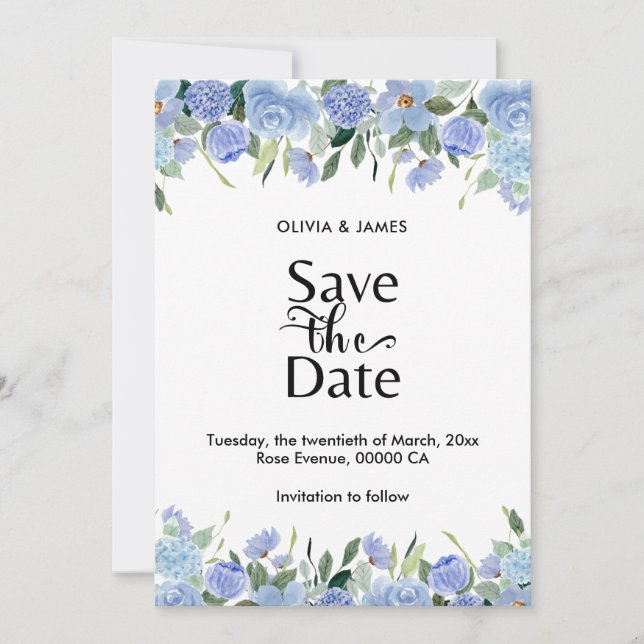 Elegant Blue Hydrangea Save The Date (Front)