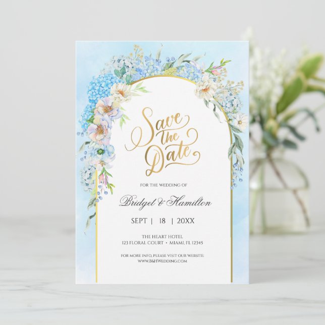 Elegant Blue Hydrangea  Save The Date (Standing Front)