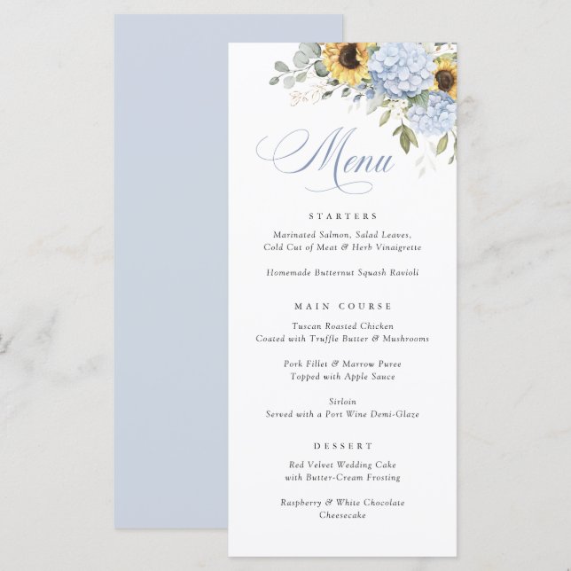 Elegant Blue Hydrangea Sunflowers Wedding Menu (Front/Back)