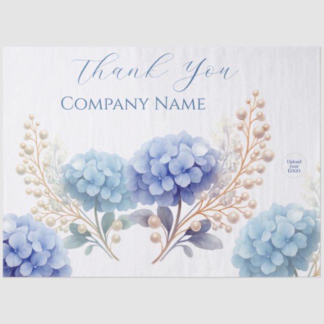 Elegant Blue Hydrangea Thank You Sticker Logo Tissue Paper (Front)