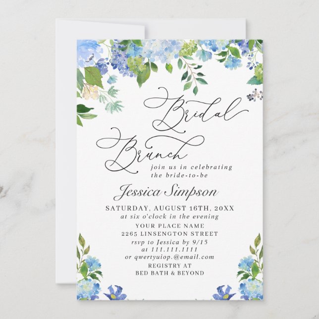 Elegant Blue Hydrangea Watercolor Bridal Brunch Invitation (Front)