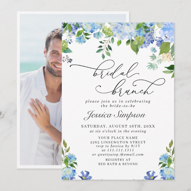 Elegant Blue Hydrangea Watercolor Bridal Brunch Invitation (Front/Back)