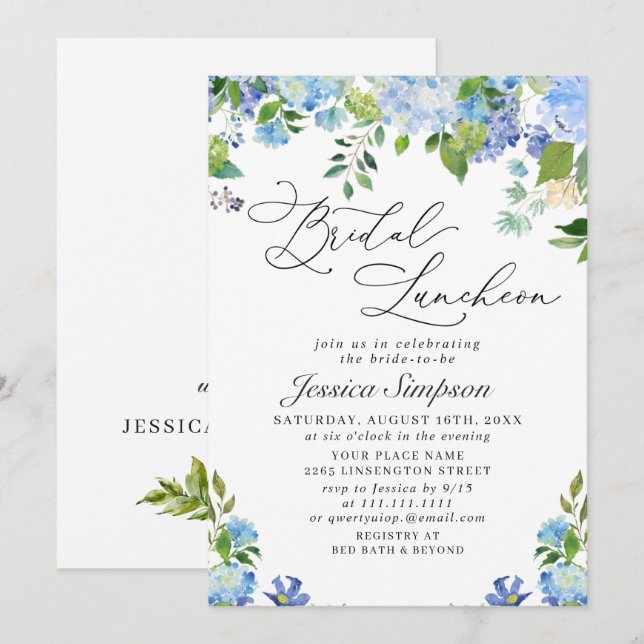 Elegant Blue Hydrangea Watercolor Bridal Luncheon Invitation (Front/Back)