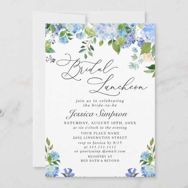 Elegant Blue Hydrangea Watercolor Bridal Luncheon Invitation (Front)