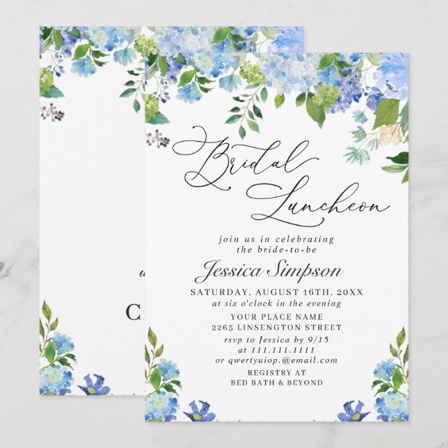Elegant Blue Hydrangea Watercolor Bridal Luncheon Invitation (Front/Back)