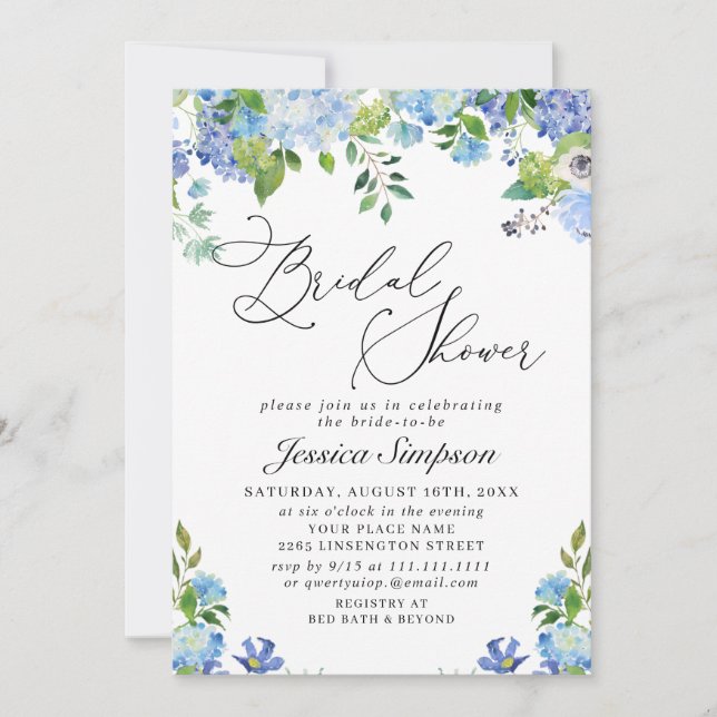 Elegant Blue Hydrangea Watercolor Bridal Shower In Invitation (Front)