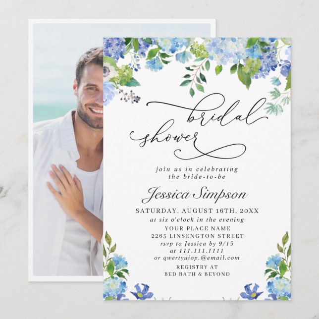 Elegant Blue Hydrangea Watercolor Bridal Shower Invitation (Front/Back)