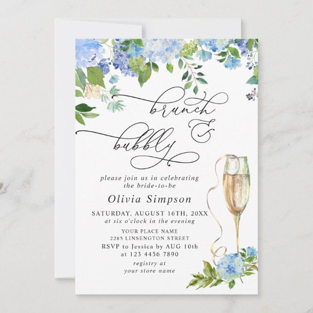 Elegant Blue Hydrangea Watercolor Brunch & Bubbly Invitation (Front)